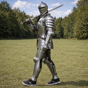 A professional display of a knight costume set suitable for a renaissance armor fair or historical reenactment.