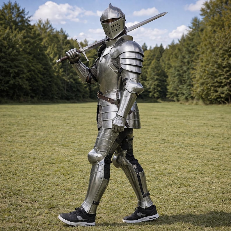A professional display of a knight costume set suitable for a renaissance armor fair or historical reenactment.