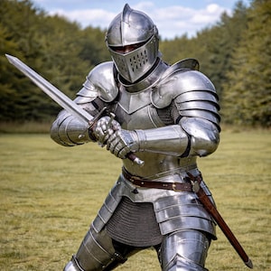Close-up of a full suit armor featuring polished steel plate armor and a white tunic with a red Templar cross.