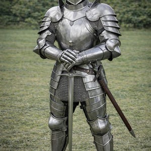 A full body armor suit designed for larp knight armor enthusiasts, showing the knight armor suit from a front-facing perspective.