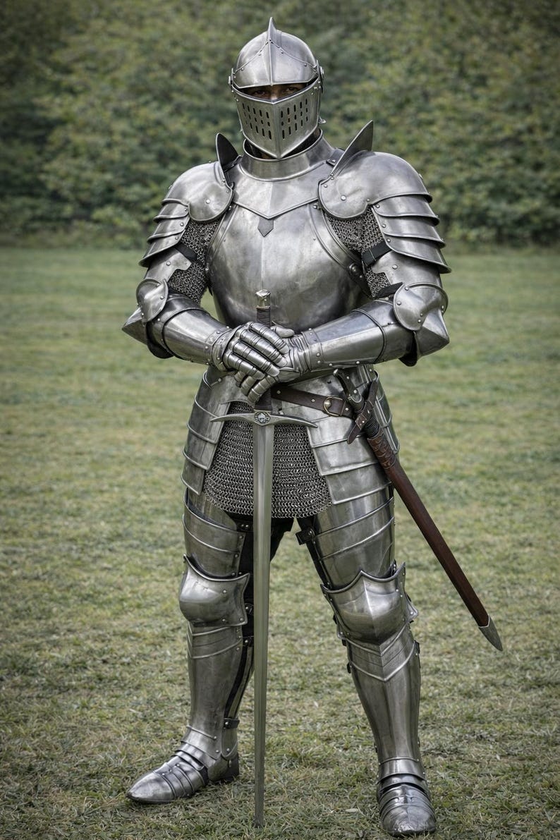 A full body armor suit designed for larp knight armor enthusiasts, showing the knight armor suit from a front-facing perspective.