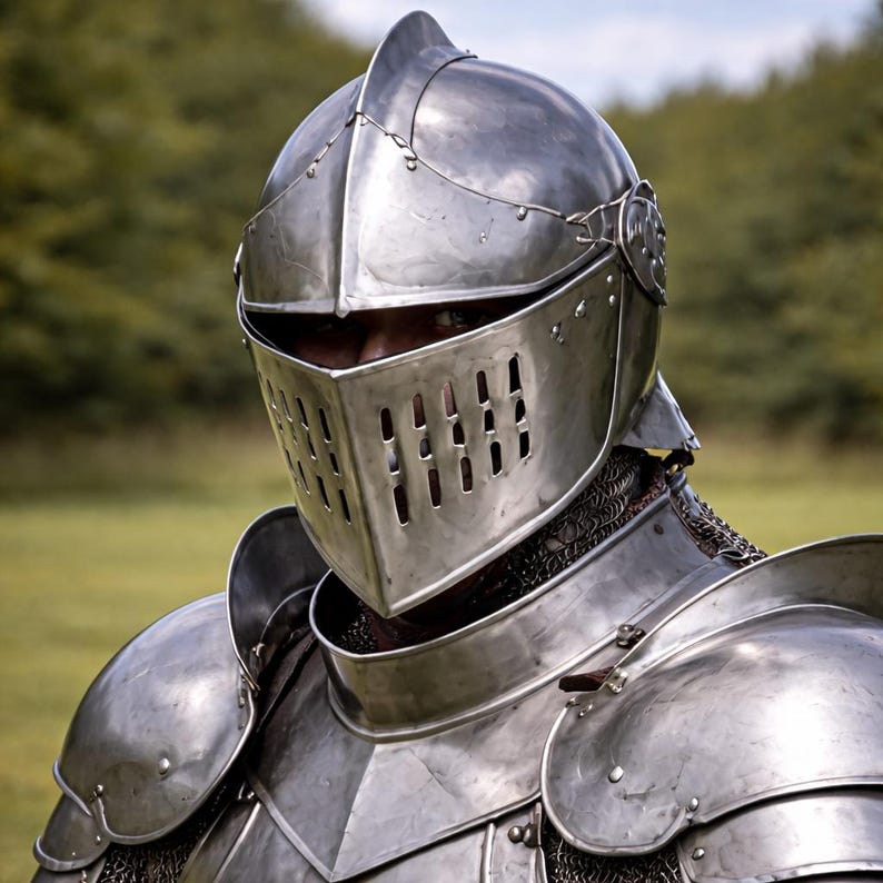 A combat armor suit shown on a stand to demonstrate the strong yet comfortable wearable armor construction.