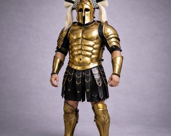 Spartan Armor Set Gold Handmade Greek Warrior Costume, Gladiator Armor, Muscle Cuirass, LARP Cosplay Armor, Spartan Helmet Set