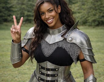 Women’s Chainmail & Steel Armor Set, Handmade Gothic LARP Pauldrons Gorget, Medieval Cosplay Armor, Renaissance Faire Outfit