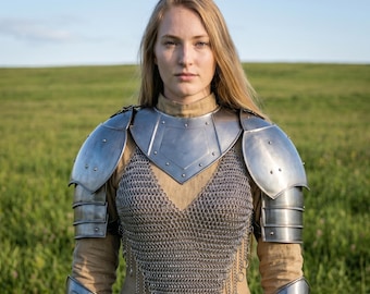 Handmade Medieval Fantasy Armor, Steel Shoulder Pauldrons, Arm Guards, and Chainmail Top, Ren Faire Costume, Cosplay Gear, Larp
