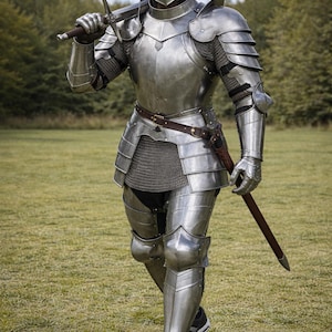 High-resolution shot highlighting the stunning gold warrior finish and intricate chainmail detailing on this steel knight armor.