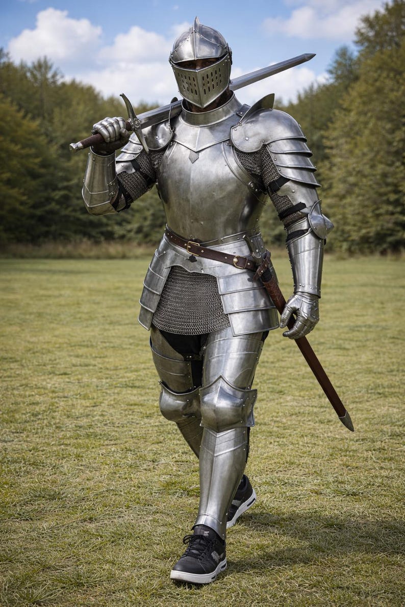 High-resolution shot highlighting the stunning gold warrior finish and intricate chainmail detailing on this steel knight armor.