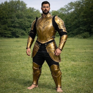 Könnte beinhalten: Eine vollständige goldfarbene Rüstung mit aufwendigen Designs und geschichteten Platten. Die Rüstung bedeckt Brust, Schultern, Arme und Beine. Die Person trägt eine schwarze Hose und ein schwarzes Hemd. Der Hintergrund ist eine grüne Wiese mit Bäumen.