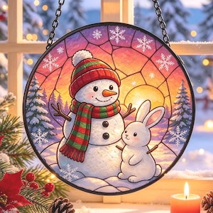 Snowman Bunny Winter Sunset Suncatcher,Snowflake Pine Tree Decor,Christmas Gift