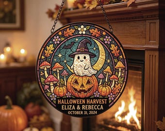 Calabaza de Halloween con diseño de bruja fantasma, atrapasoles de vidrieras, decoración de luna creciente, adorno otoñal para ventana, capricho