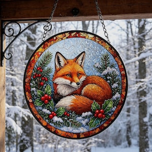 Puede incluir: Un atrapasoles circular de vidrieras que muestra un zorro rojo acurrucado entre ramas de pino verdes y bayas de acebo rojas. El diseño está enmarcado por un borde de mosaico de piezas de vidrio naranja y rojo, suspendido por una cadena negra.