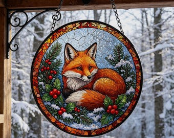 Glazen raamhanger met wintervos, decoratie met bosdieren, cadeau voor vossenliefhebbers