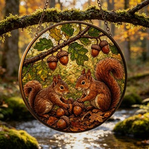 May include: A circular stained glass suncatcher featuring two brown squirrels interacting with acorns on a forest floor. Above them, an oak branch with green leaves and hanging acorns is depicted. The piece is framed in metal and hangs by a chain.