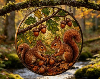 Autumn Squirrel Glass Suncatcher,Oak Branch Decor,Thanksgiving Gift