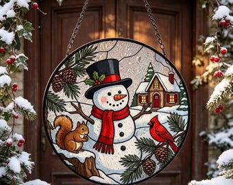 Christmas Snowman Glass Suncatcher，Winter Christmas Decor, Christmas Gift