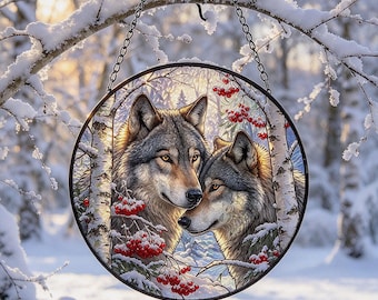 Wolf Couple Glass Suncatcher, Winter Birch Decor,Wildlife Lover Gift