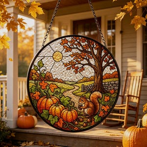 May include: A circular stained glass suncatcher featuring an autumn landscape with a large tree, a winding path, three orange pumpkins, and a brown squirrel holding an acorn. The design includes a yellow sun and falling leaves, framed in black metal.