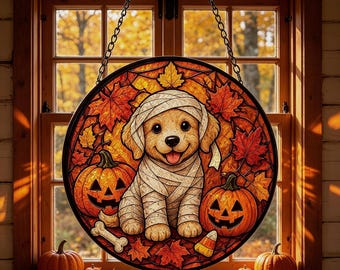 Glazen raamdecoratie met puppy- en pompoenmotief voor Halloween, cadeau voor dierenliefhebbers in de herfst.