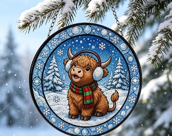 Christmas Highland Cow Suncatcher,Farmhouse Winter Decor,Christmas Seasonal Gift