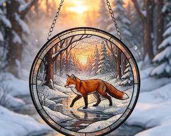 Christmas Fox Glass Suncatcher,Holiday Ornament,Fox Lover Gift