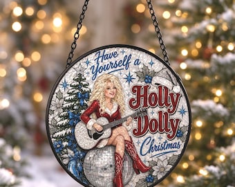 Holly Dolly Christmas Glass Suncatcher,Dolly Parton Ornament,Country Music Holiday Gift