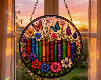 Blumen-Buch-Glas-Sonnenfänger, Bibliotheksschmuck, Geschenk für Bücherliebhaber