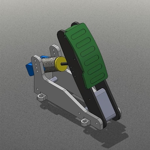 Puede incluir: Representación 3D de un dispositivo mecánico con un marco gris, un pedal verde y un componente cilíndrico. El diseño incluye un elemento azul y una pieza cilíndrica amarilla, lo que sugiere una aplicación funcional o industrial.