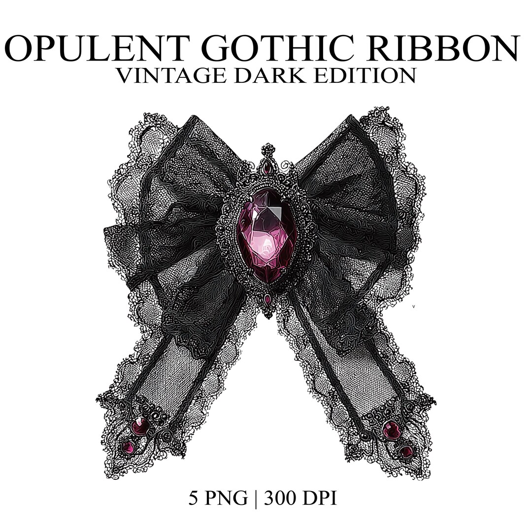 5PNG Gothic Jeweled Ribbon Set, Black Lace Bow Clipart With Ruby Jewel ...