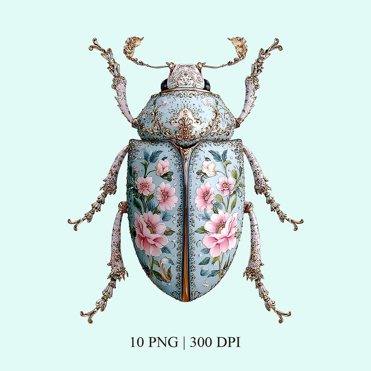 10 Ornate Beetle Clipart PNG, Vintage Rococo Garden Insect, Blue Floral ...