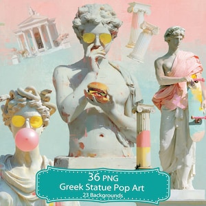 May include: A digital collage featuring three classical Greek statues with modern elements. One statue wears yellow sunglasses and eats a burger, another blows a pink bubblegum bubble, and the third holds a skateboard. Includes a temple and columns.