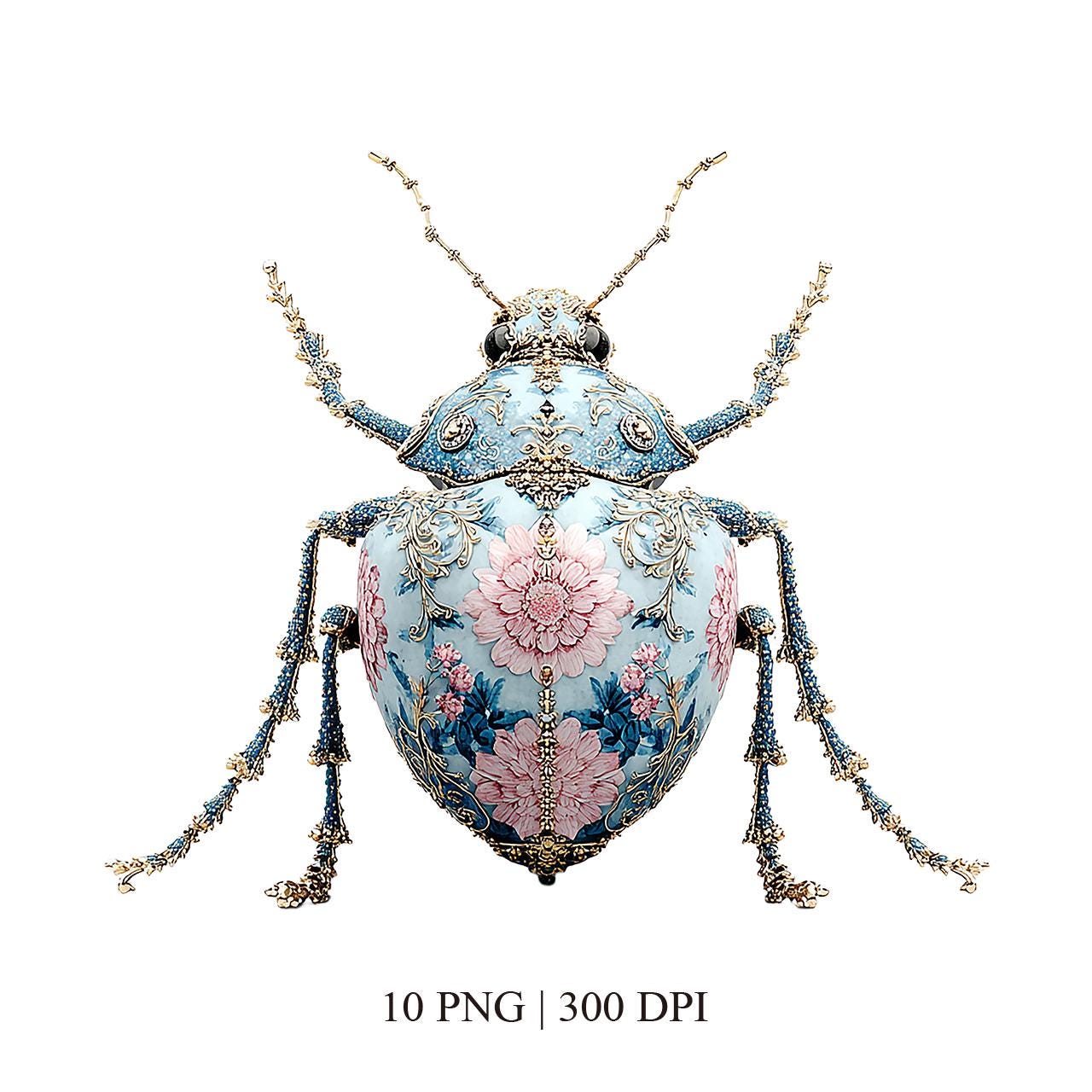 10 Ornate Beetle Clipart PNG, Vintage Rococo Garden Insect, Blue Floral ...