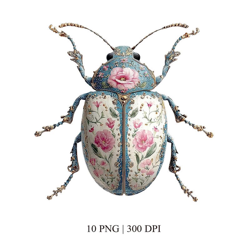 10 Ornate Beetle Clipart PNG, Vintage Rococo Garden Insect, Blue Floral ...