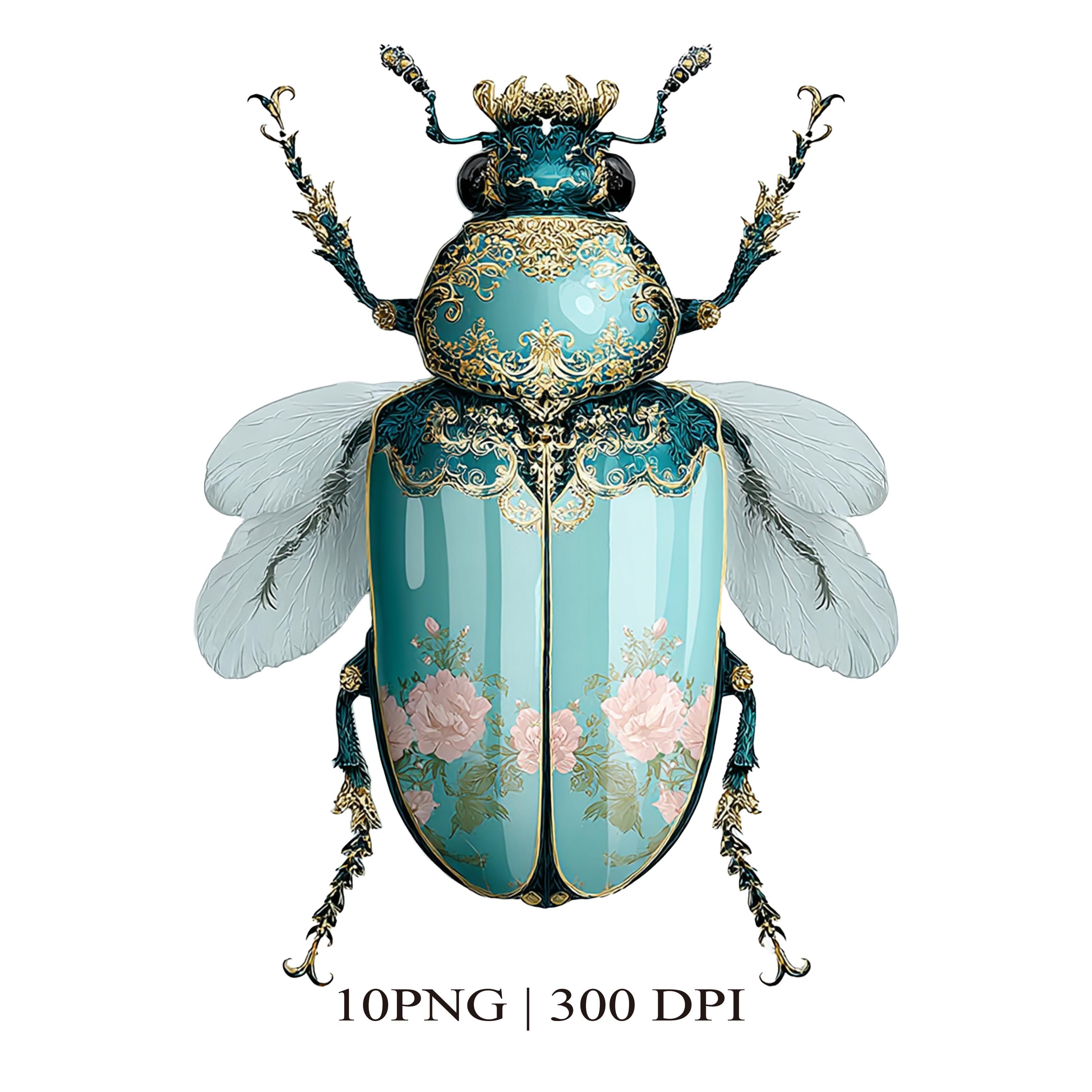 10 Ornate Beetle Clipart PNG, Vintage Rococo Garden Insect, Blue Floral ...