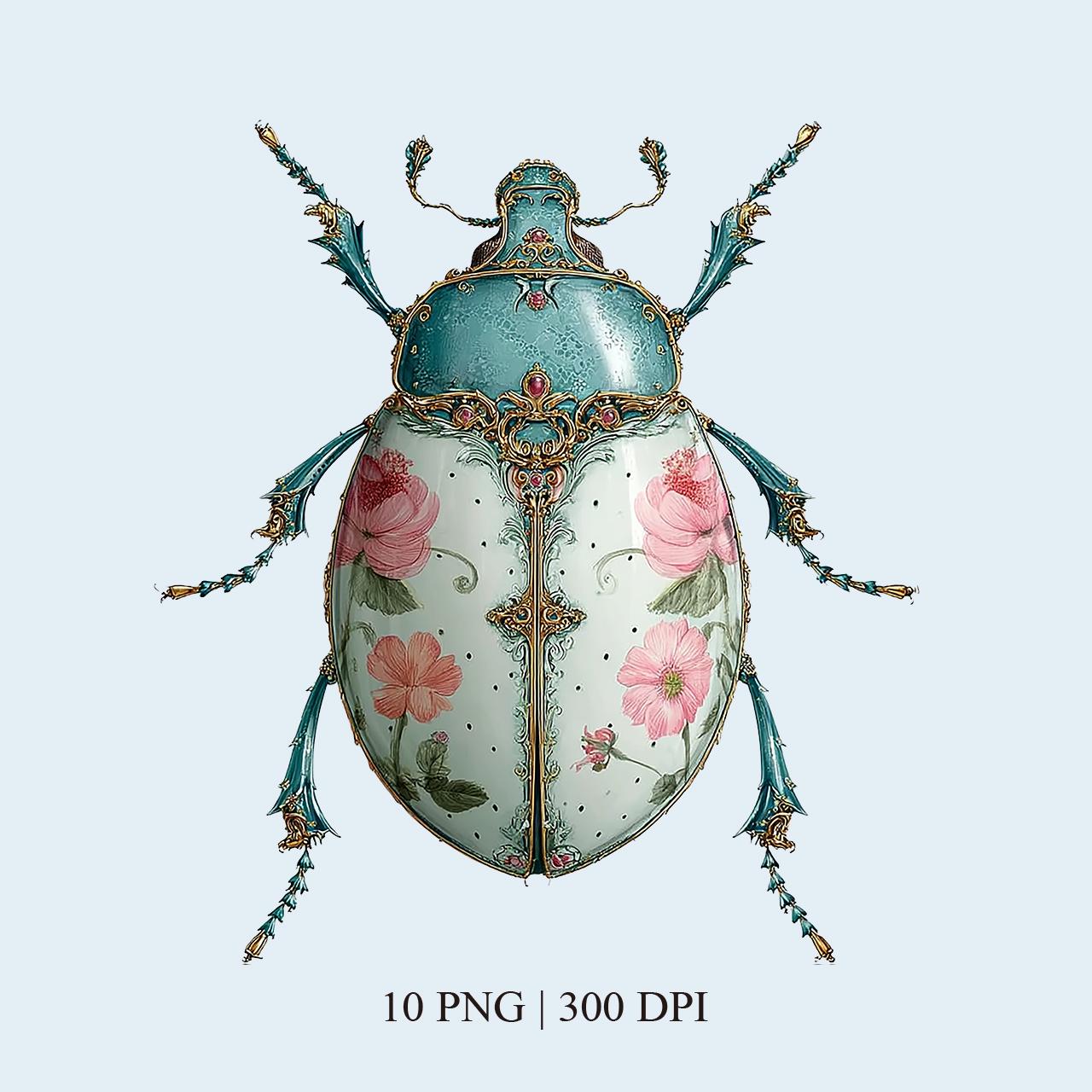 10 Ornate Beetle Clipart PNG, Vintage Rococo Garden Insect, Blue Floral ...
