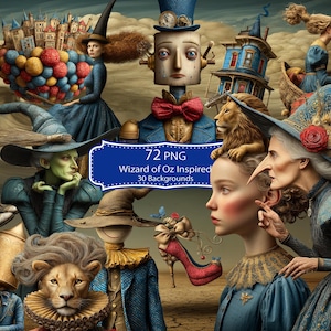 May include: A digital collection of 72 PNG files and 30 backgrounds featuring Wizard of Oz inspired illustrations. The imagery includes characters like a green-skinned witch, a lion, a scarecrow, a robot, and a girl, alongside iconic elements.
