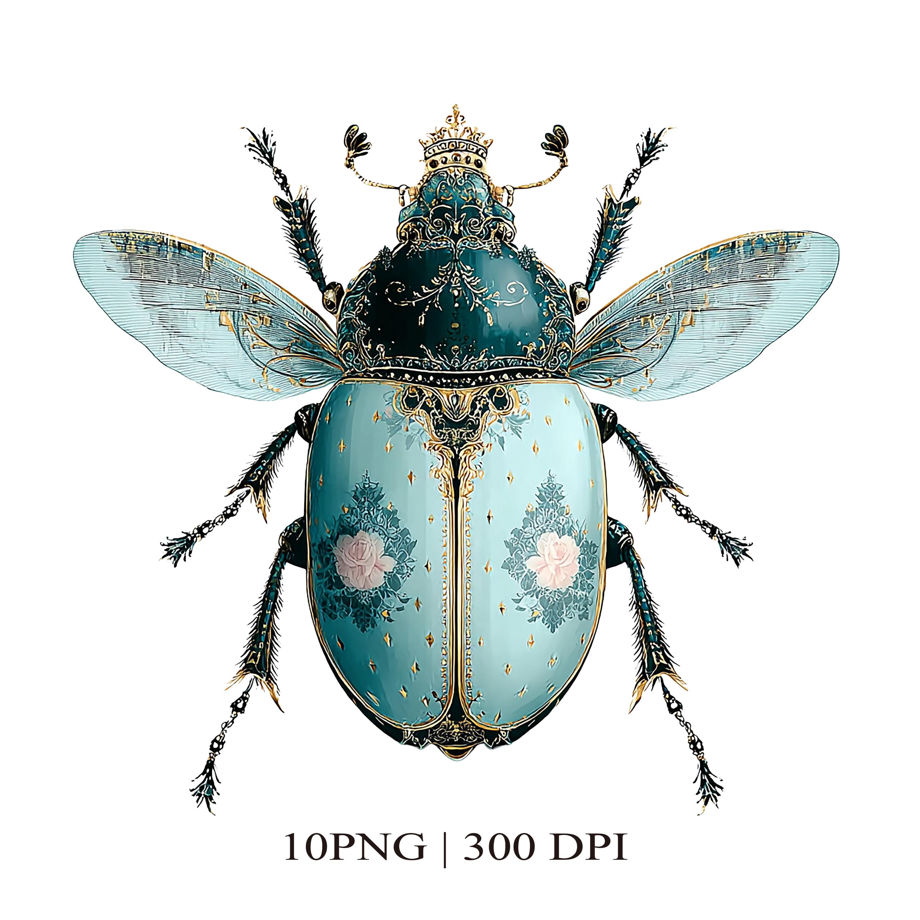 10 Ornate Beetle Clipart PNG, Vintage Rococo Garden Insect, Blue Floral ...