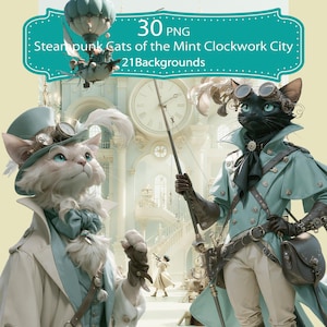 30 PNG Steampunk Cats of the Mint Clockwork City, Fantasy Traveler Cat Clipart, Airships, Commercial Use, 21 JPG Backgrounds