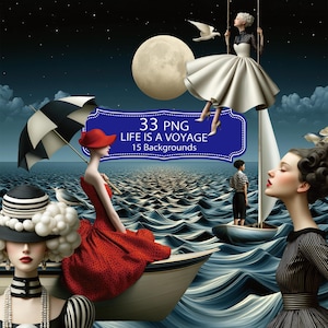 May include: A digital graphic set titled 33 PNG LIFE IS A VOYAGE 15 Backgrounds featuring stylized figures in vintage-inspired clothing, including a person in a red dress with a black and white umbrella, a person on a swing, and a boat on a sea.