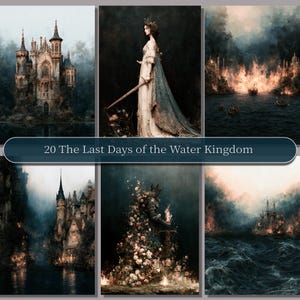 以下が含まれることがあります： 「20 The Last Days of the Water Kingdom」と題されたデジタルアートコレクション。ゴシック様式の城、剣を持つ人物、燃える海景、霧の街、花に覆われた人物、嵐の海に浮かぶ船を描いた6つのパネルで構成されています。