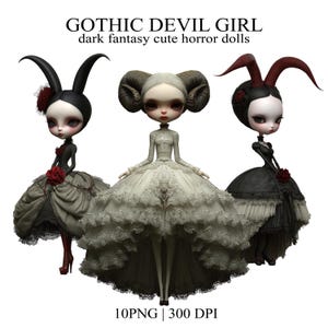 Puede incluir: Tres muñecas góticas con piel pálida y ojos grandes. Cada muñeca viste un atuendo único, incluyendo faldas con volantes y tocados ornamentados. Las muñecas son en tonos de negro, gris y blanco, con acentos rojos. El texto en la parte superior dice "GOTHIC DEVIL GIRL".