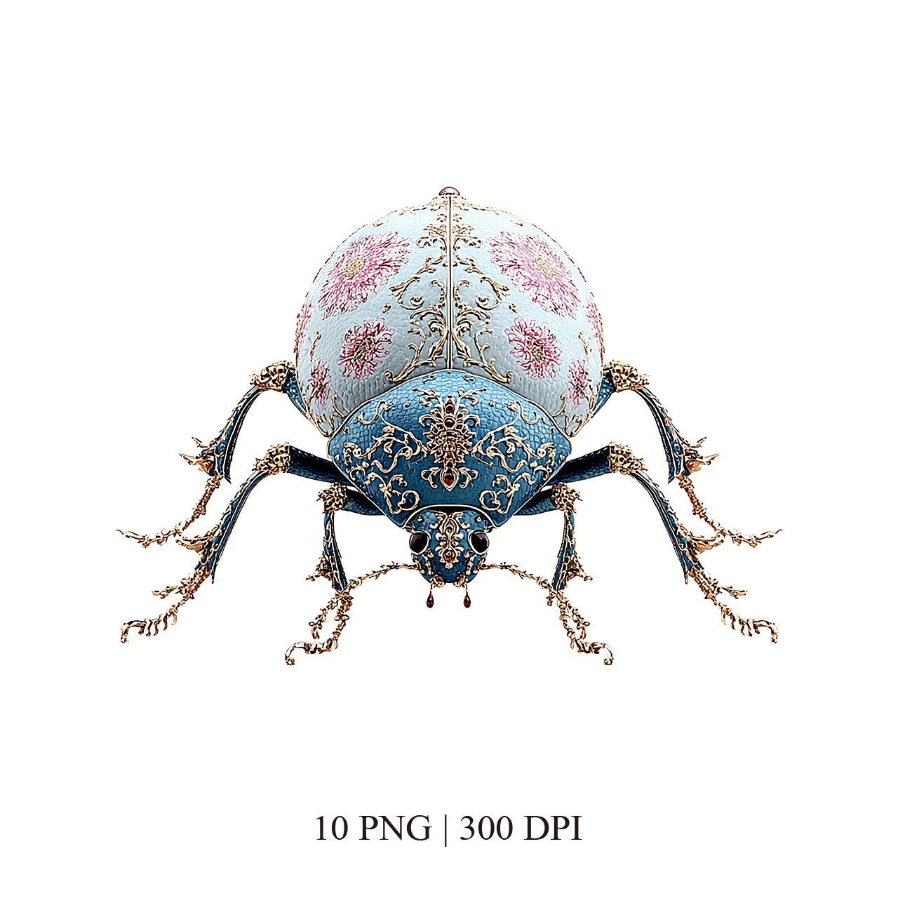 10 Ornate Beetle Clipart PNG, Vintage Rococo Garden Insect, Blue Floral ...
