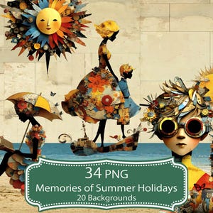 Op de afbeelding: Een digitale collageset met 34 PNG-bestanden getiteld Memories of Summer Holidays met 20 achtergronden. Het kunstwerk toont gestileerde figuren, een zon, een boot en strandscènes in levendige kleuren, met een groen label met de tekst 34 PNG Memories of Summer Holidays 20 Backgrounds.