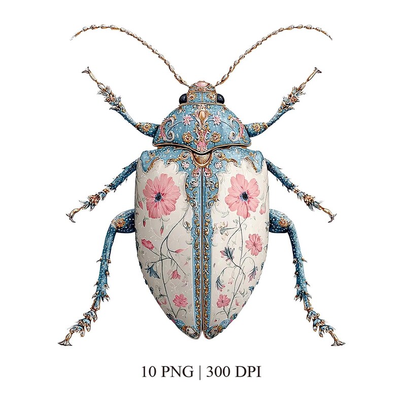 10 Ornate Beetle Clipart PNG, Vintage Rococo Garden Insect, Blue Floral ...