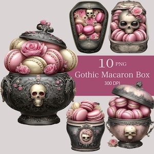 Könnte beinhalten: Eine Sammlung digitaler Illustrationen mit verzierten dunklen Behältern, die mit Totenköpfen und rosa Rosen geschmückt sind und mit pastellrosa und cremefarbenen Macarons gefüllt sind. Der Text lautet 10 PNG Gothic Macaron Box 300 DPI mit verschiedenen Gefäßen.