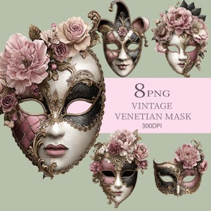 May include: A collection of vintage Venetian masks in various designs. The masks feature intricate details, including floral embellishments, and are in shades of pink, black, white, and gold. The text "8 PNG VINTAGE VENETIAN MASK 300DPI" is also present.