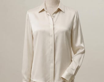 Mulberry Silk Satin Blouse 25 Momme Women Button Down Shirt Long Sleeve Luxury Minimalist Office Top Elegant Gift for Her
