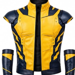 May include: A sleeveless vest featuring a vibrant yellow and dark navy blue color scheme with structured shoulder caps and a high collar. The garment includes matching forearm guards, all constructed with paneling, visible stitching, and metallic studs.