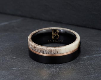 Zwarte wolfraam hertengeweiring | Herentrouwring | Roségouden trouwring voor heren | huwelijkscadeau voor hem | Statementring | Jubileumcadeau