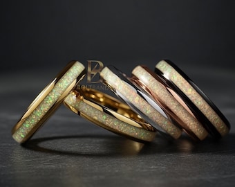 Band gebroken wit vuuropaal | Heren Dames Ring | Gouden wolfraam trouwring | Unieke ring | Beloftering | Statementring | huwelijkscadeau