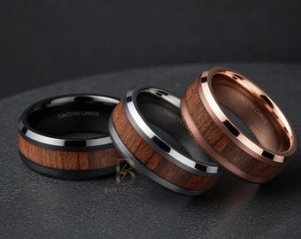 Houtinlegwerk herentrouwring | Rustieke houten ring | Zwarte wolfraamring voor heren | Trouwring heren | Verjaardagscadeau voor stel